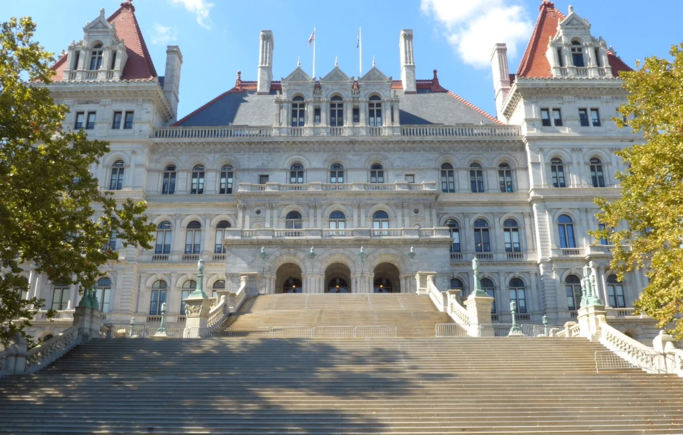 The sun shines down on the New York State Capitol building in Albany, N.Y.